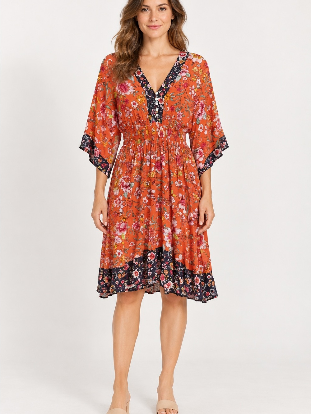 Anthropologie Orange Floral V-Neck Midi Dress with Dark Trim